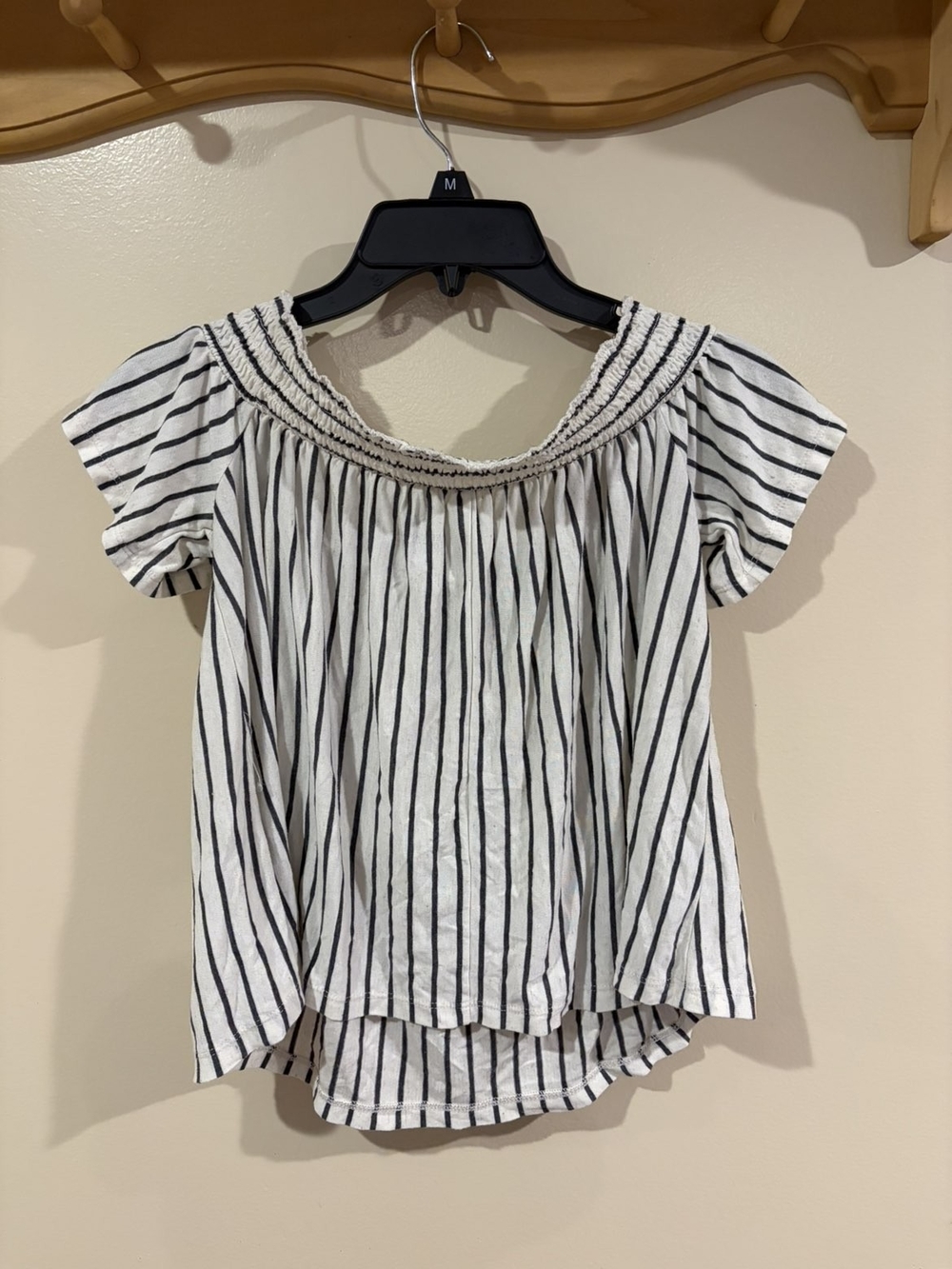 American Eagle Outfitters White and Black Striped Off-Shoulder Top